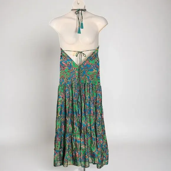 Just Cruising Boho Paisley Halter Maxi Dress Green Pink Tiered Festival One Size - Picture 5 of 6